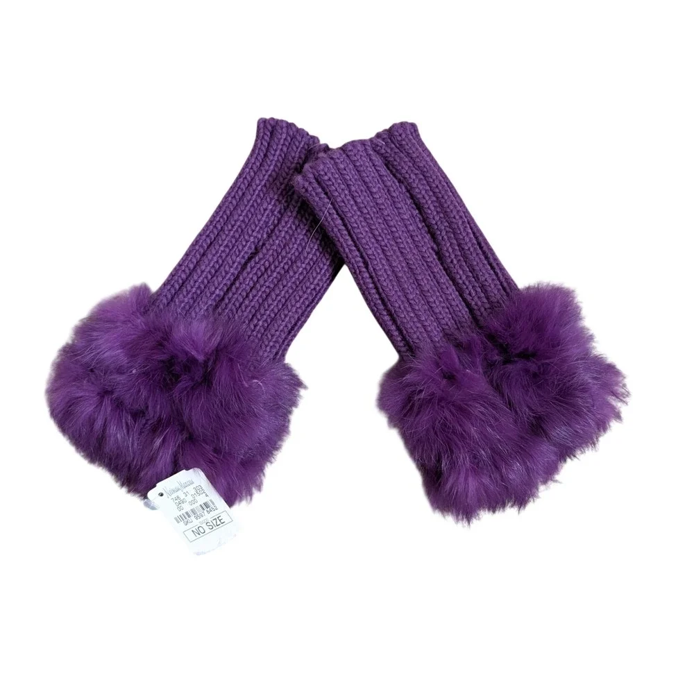 Jocelyn Purple Real Rabbit Fur Trim Ribbed Knit Fingerless Gloves Arm Warmers OS